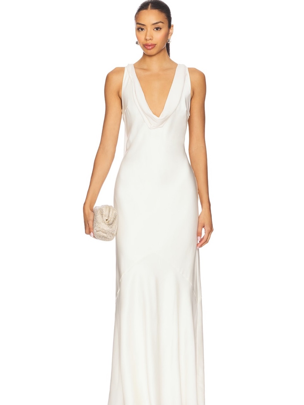 Strapless White Cowl-Neck Maxi Dress